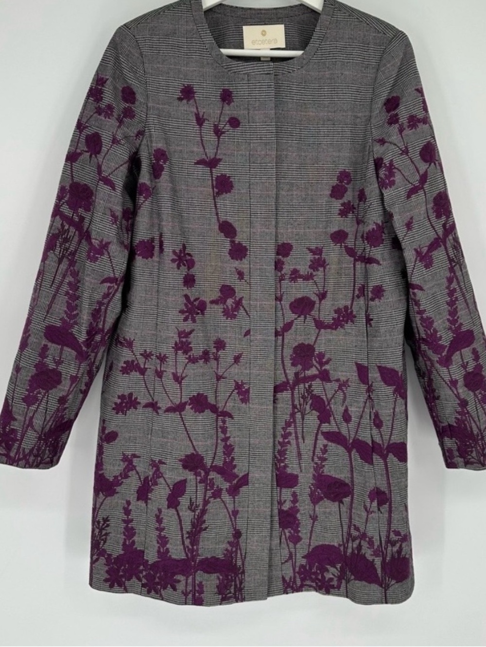 Etcetera Size 6 Gray Plaid Coat with Purple Floral Embroidered